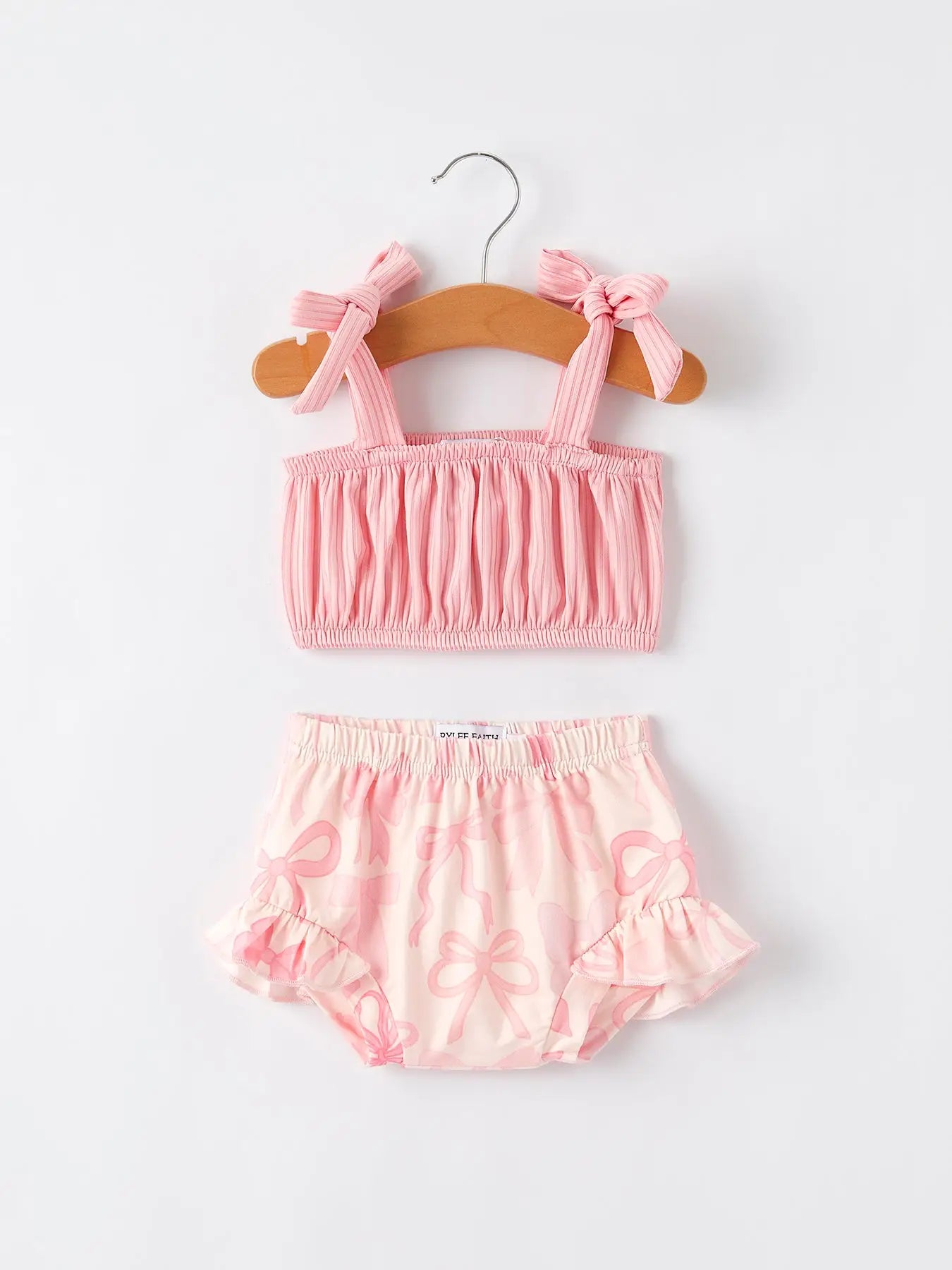 Pink Bow Print Suspender Romper Set