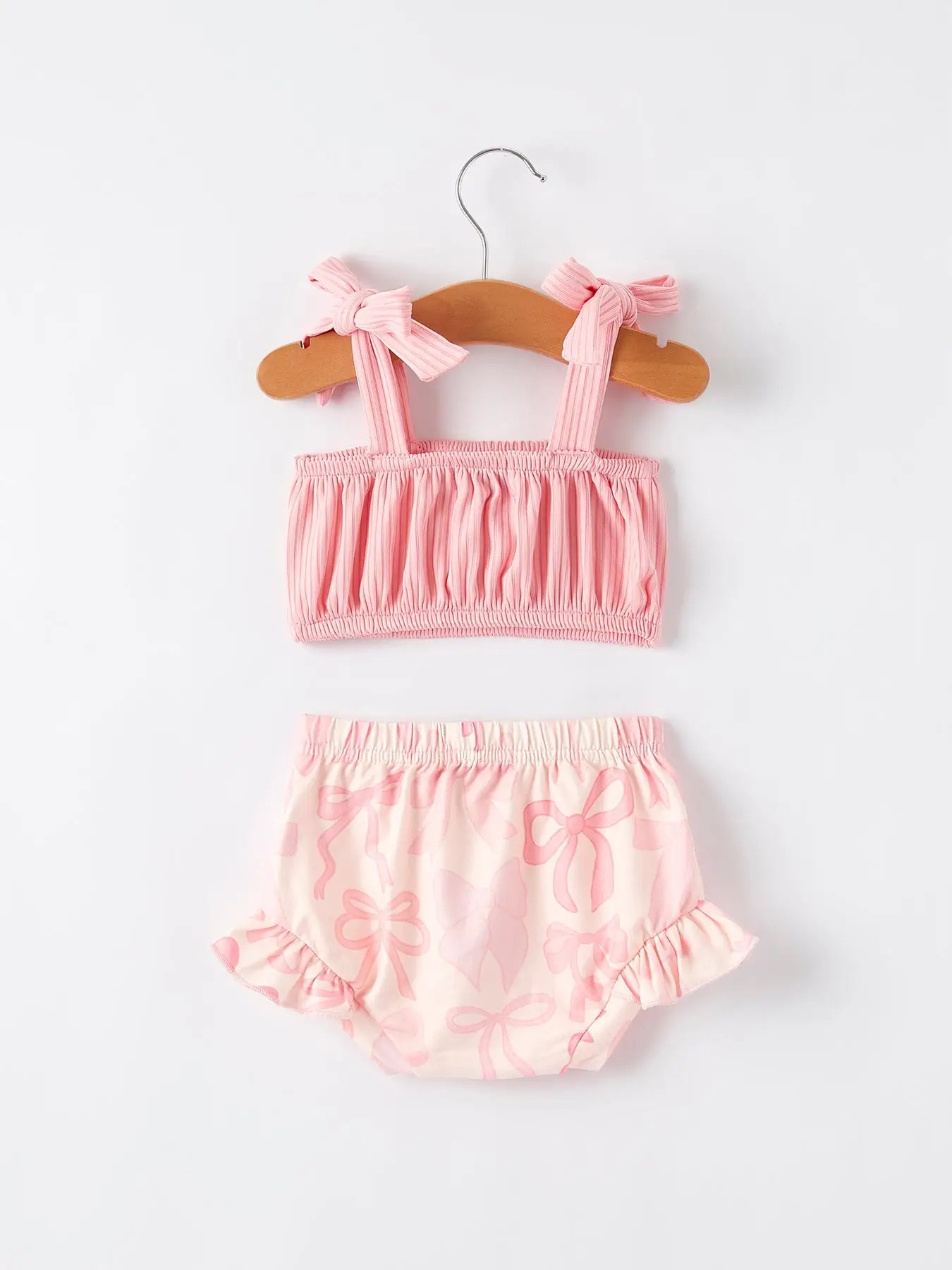 Pink Bow Print Suspender Romper Set