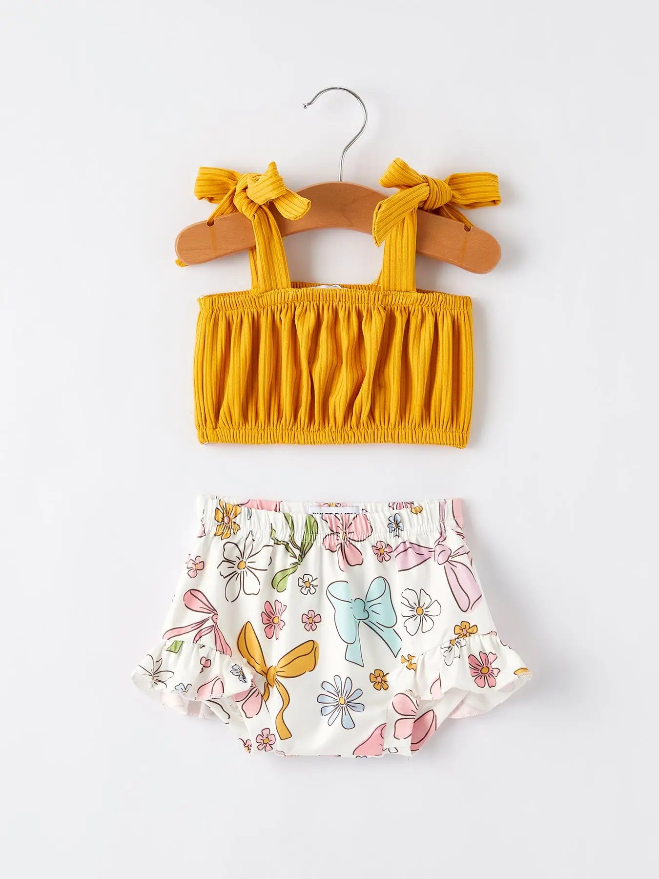 Multicolor Bow Print Suspender Romper Set