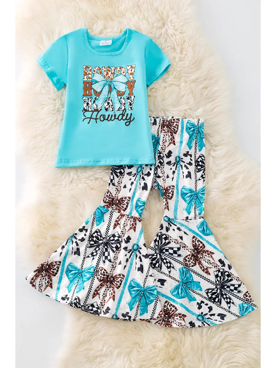 Howdy, Printed Turquoise Tee & Bow Bell Pants.