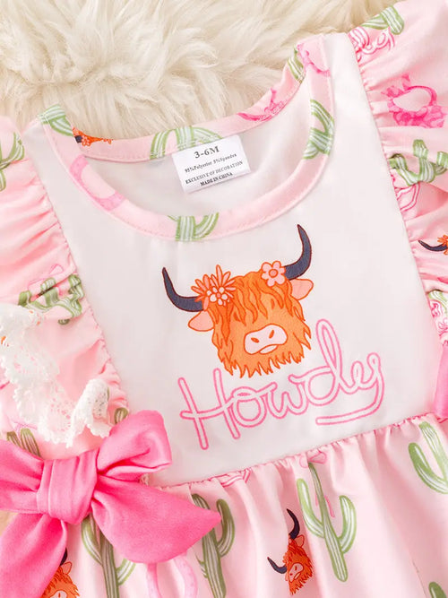 "Howdy" Highland Cow Printed Girls Romper W/Side Bows.