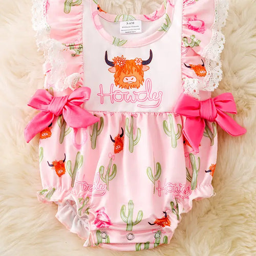 "Howdy" Highland Cow Printed Girls Romper W/Side Bows.